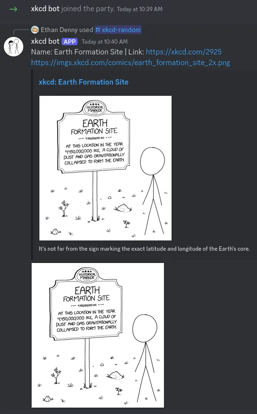 An image showing the use of the Discord bot, with the same comic, xkcd 2925, displayed twice, once as an embed for the comic link and once as an embed for the image link