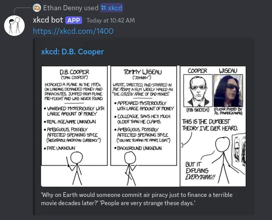 An image showing the use of the Discord bot, showing xkcd 1400