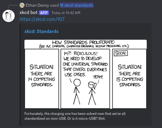 An image showing the use of the Discord bot, showing xkcd 927